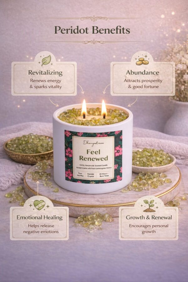 Peridot Crystal Candle (80ml) | Lemongrass Aromatherapy | Positivity Growth & Emotional Renewal