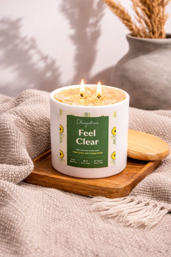 Clear Quartz Crystal Candle (80ml) | Orange Aromatherapy | Mental Clarity Focus & Positive Energy