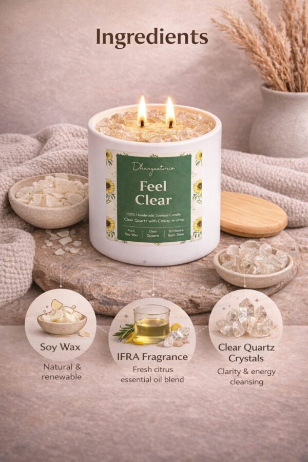 Clear Quartz Crystal Candle (80ml) | Orange Aromatherapy | Mental Clarity Focus & Positive Energy